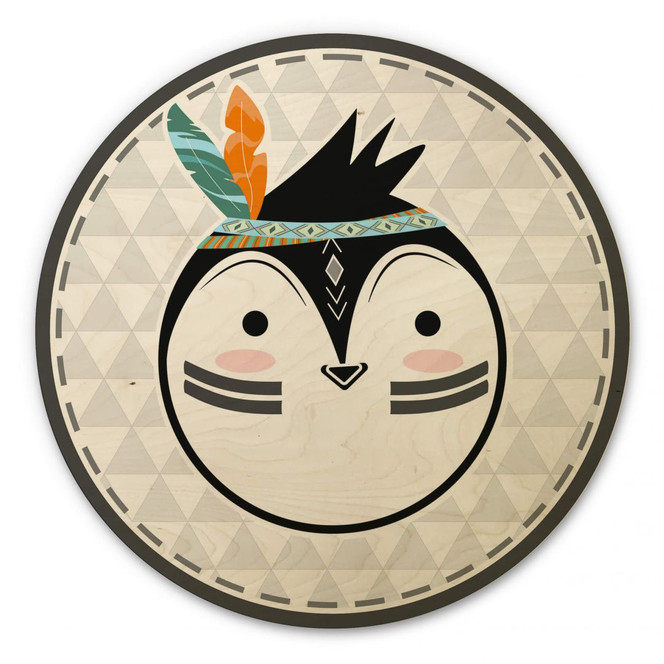 Holzbild - Indianer-Pinguin - Rund