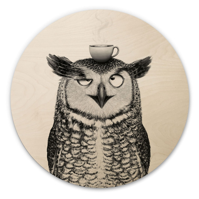 Holzbild Lustige Eule mit Kaffee - Korenkova - Rund
