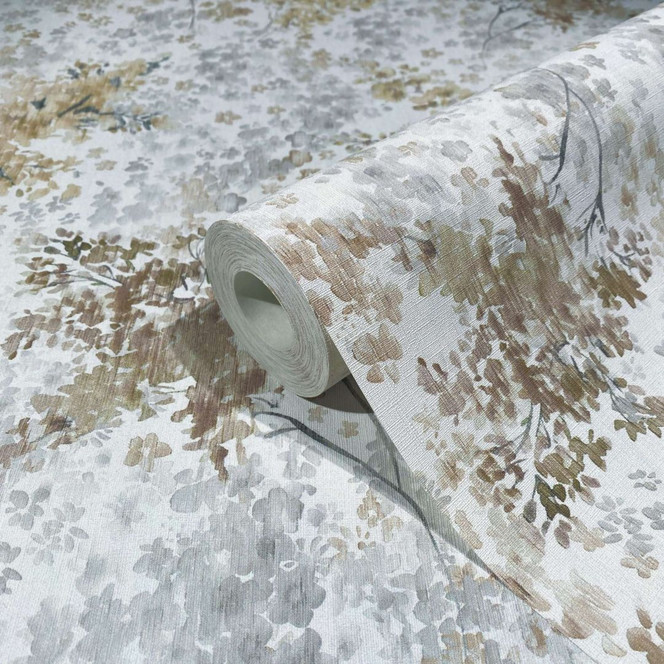 Vliestapete mit gemalten Blättern und Ästen weiss, braun Floral