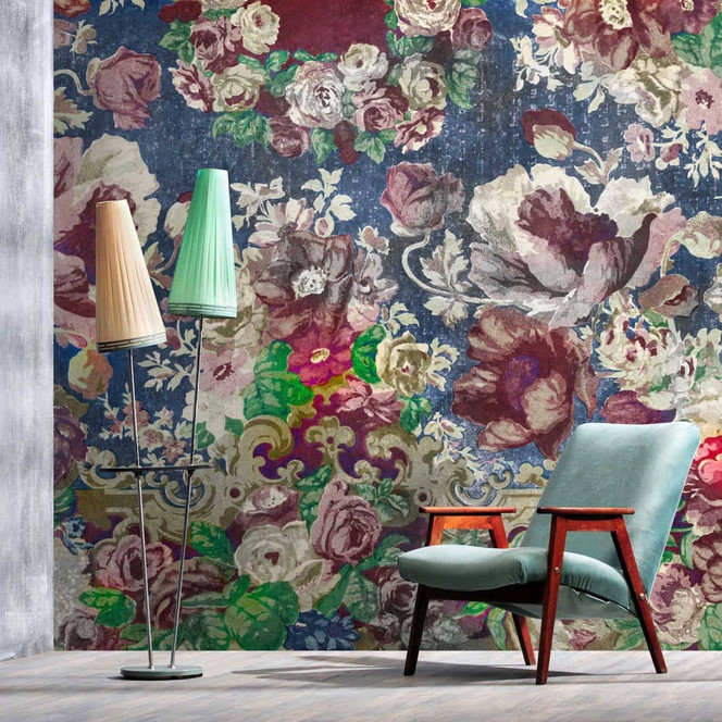 Fototapete Barockstil Blumen in Königsblau - Opulentes Aquarell Muster
