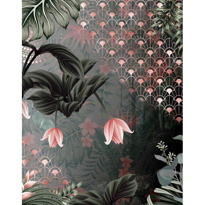 Fototapete Wandtapete mit Motiv Kranich mit Art Deco Fächer Muster und Blüten 2.7 x 2.12 m