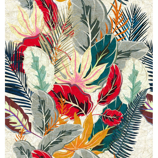 Fototapete Wandtapete mit Motiv Tropical Blätter Mix in Rot, Petrol und Beige 3.4 x 3.18 m