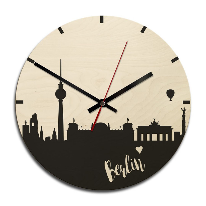 Holz-Wanduhr - Skyline Berlin rund