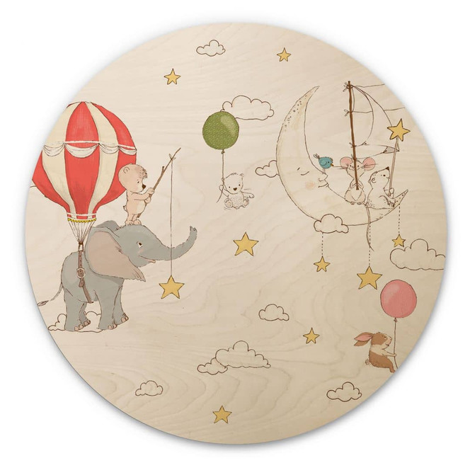 Holzbild Fliegende Tiere mit Heissluftballon - Skellern - Rund
