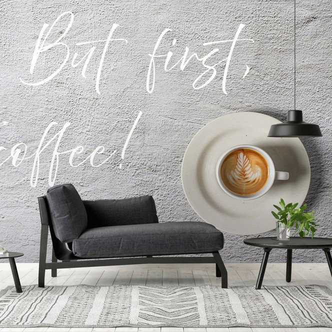 Kaffee-Fototapete Spruch Grau Weiss – 3.75 x 2.50 m – Vliestapete modern