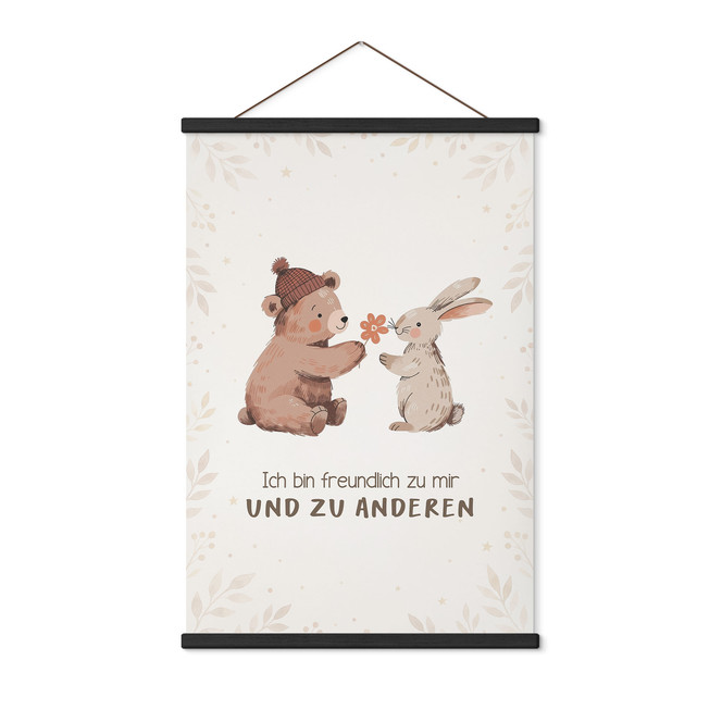 Stoffbild mit Bär und Hase - Kraftsatz "Ich bin freundlich" für Kinder