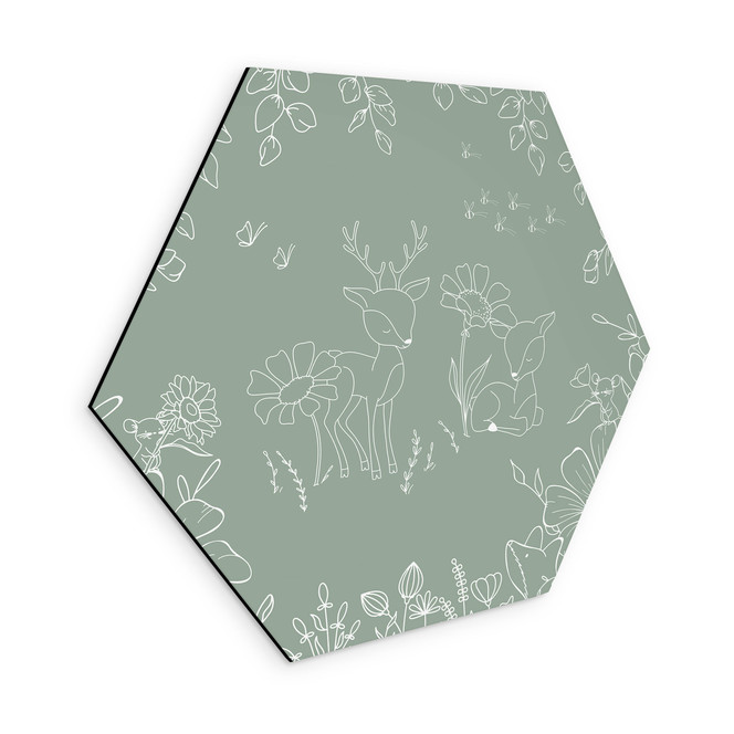 Hexagon Wandbild Zwei Rehe auf der Blumenwiese - Oliver Robins - Alu-Dibond