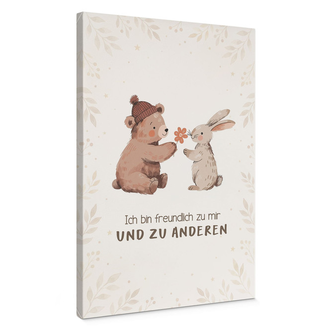 Leinwandbild mit Bär und Hase - Glaubenssatz "Ich bin freundlich" für Kinder