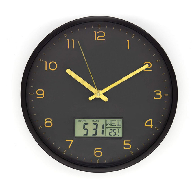 Analoge Wanduhr mit Digitalanzeige Schwarz-Gold Ø 25cm