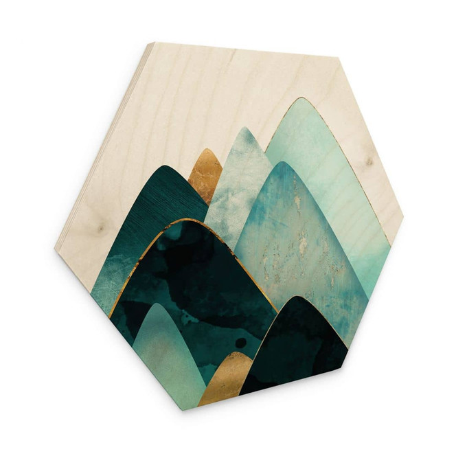 Hexagon-Holzbild Abstrakte Berge in Gold und Blau - SpaceFrog Designs