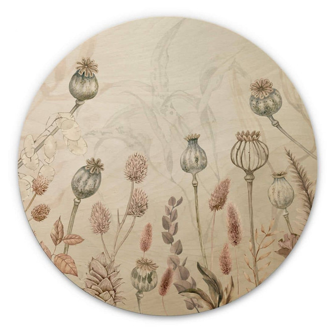 Holzbild Sir Edward - Trockenblumen Weiss - Rund