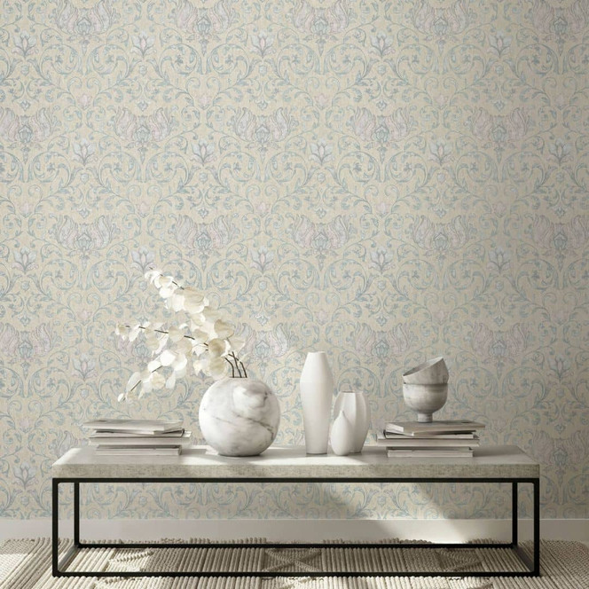Vliestapete mit Blumen, Blätter ornamental glänzend beige Floral