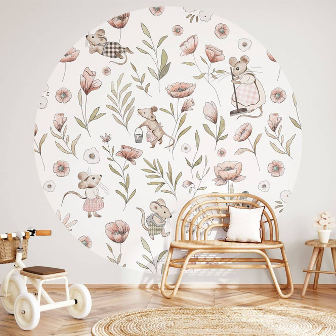 Fototapete Fröhliche Mäuse auf der Wiese - Kikki Belle - Rund - Selbstklebend/Vlies