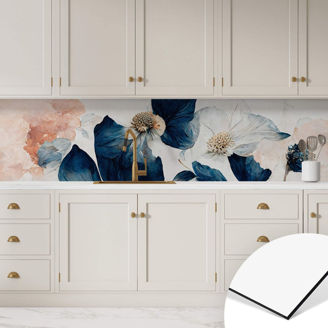 Küchenrückwand Treechild - Blütenträume in Blau und Zartrosa