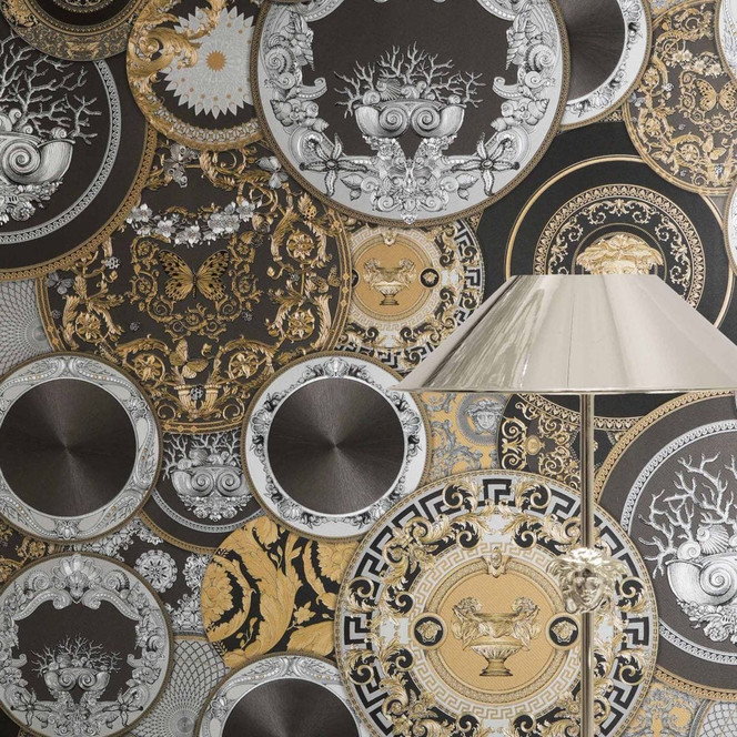 Versace Vliestapete Art De La Table Barock Kreise Medusa Mäander Schwarz Gold