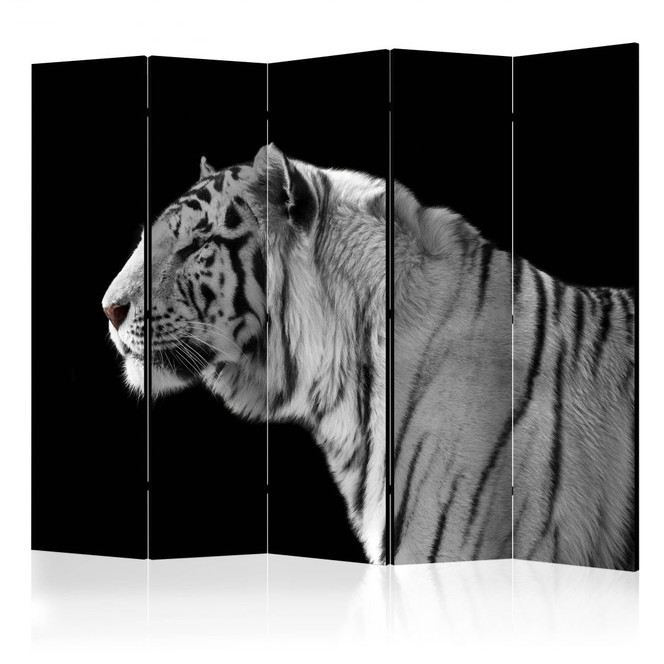 Paravent, Raumteiler freistehend, Trennwand - Weisser Tiger, 5-teilig - 225 x 172 cm
