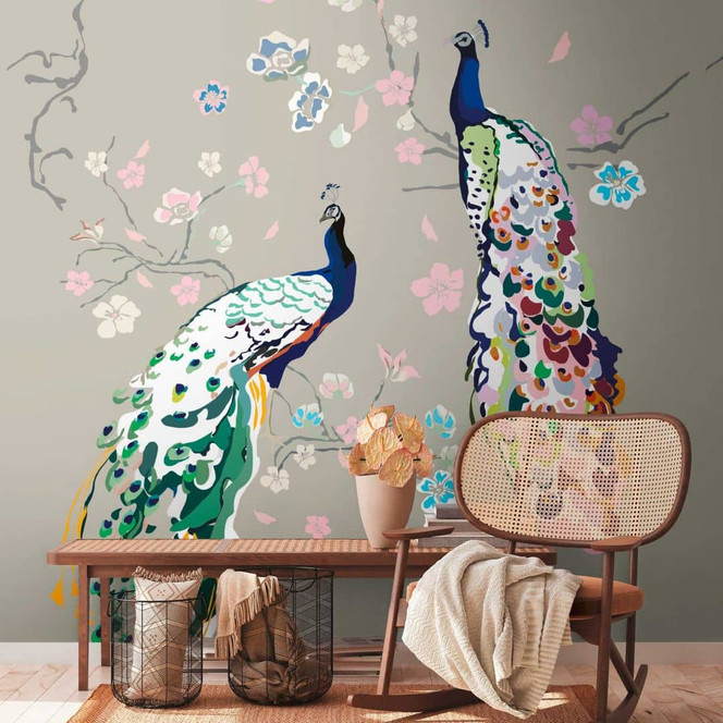 Blumentapete Bunt Grau - Vliestapete Designer Natur - Florale Tapete Pfau