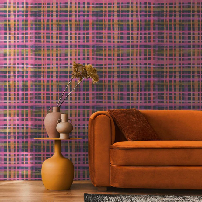 Karierte Tapete Aquarell Pink Lila – Modernes Karomuster – Vliestapete kreativ bunt