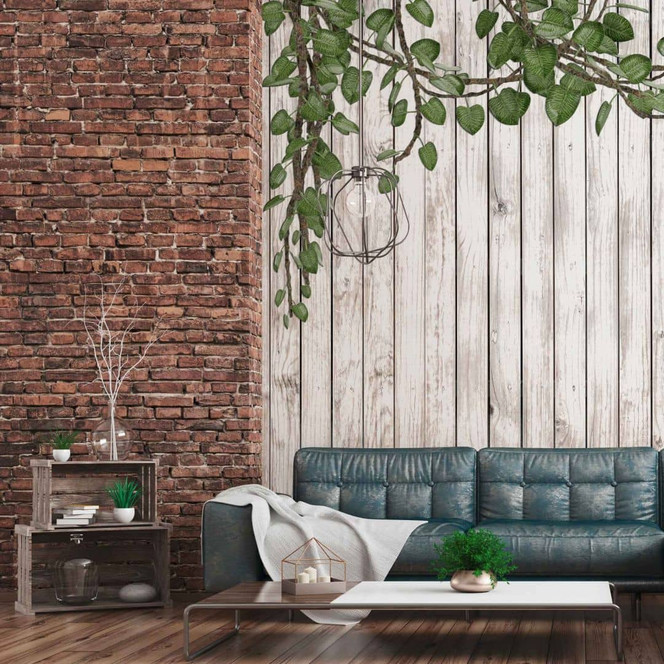 Fototapete Holztapeten Wood&Leaves in braun weiss - Vliestapete Designwalls 2 - 2.55x3.5 m