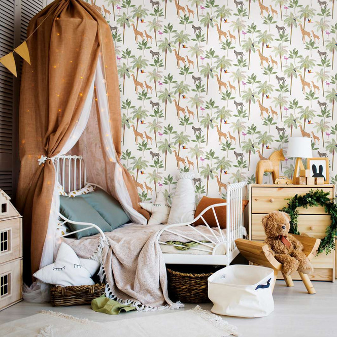 Kindertapete, Vliestapete mit Illustration Kids Walls weiss, grün, beige