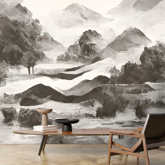 Monochrome Berglandschaft Tapete - Kunstvolle Aquarell Optik