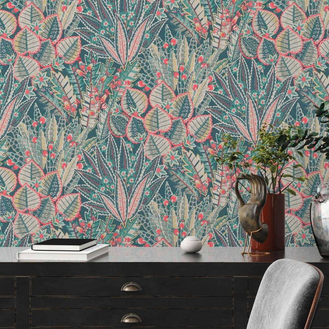 Botanische Vliestapete handgezeichnet Grau Rot Gelb Grün - Mustertapete mit Pflanzenmotiv