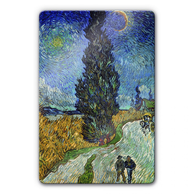 Glasbild van Gogh - Landstrasse mit Zypresse und Stern