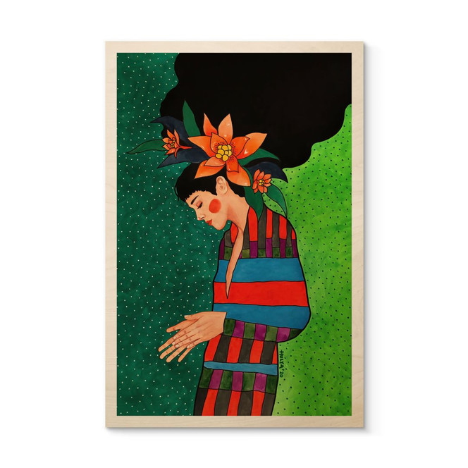 Holzbild Frau im Streifenkleid mit orangen Blüten - Hülya