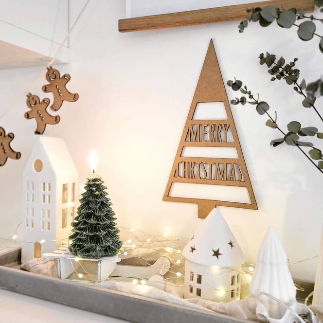 Holzdeko Weihnachten - Tannenbaum Merry Christmas - MDF Natur