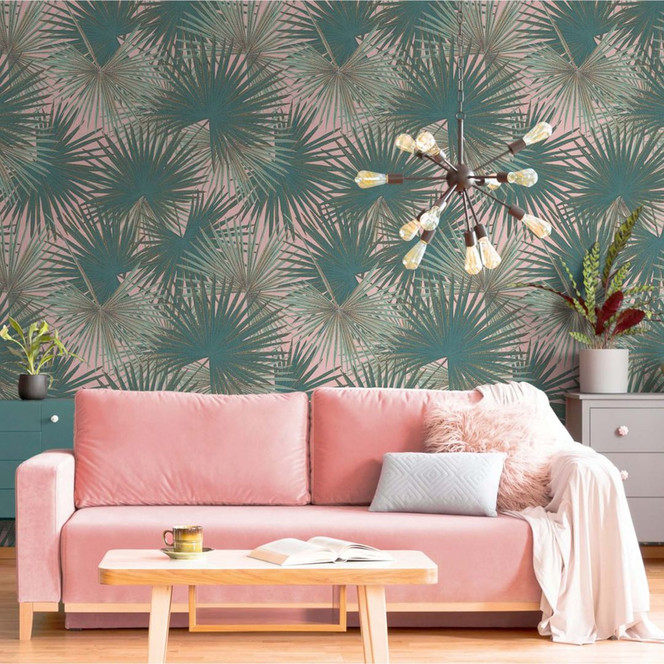 Fototapete Dschungel Grün Rosa Blätter Vliestapete Palmen Wohnzimmer