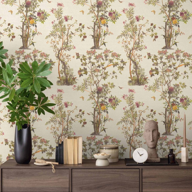 Florale Mustertapete mit Schmetterlingen Creme Grün Rosa - Vliestapete Naturmotiv