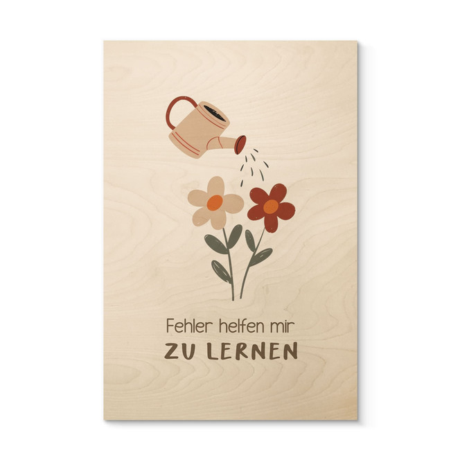 Holzbild mit Giesskanne und Blumen - Glaubenssatz "Fehler helfen mir zu lernen" fürs Kinderzimmer