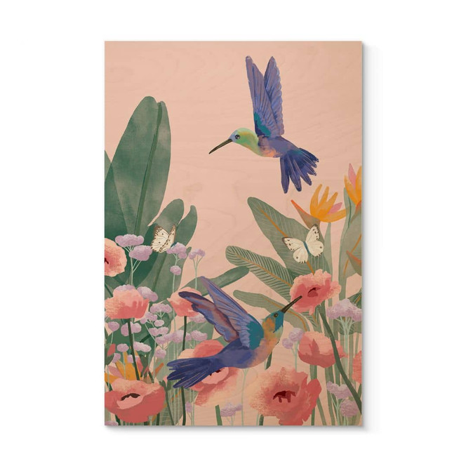 Natur Holzbild Zwei Kolibris auf der bunten Blumenwiese - Goed Blauw