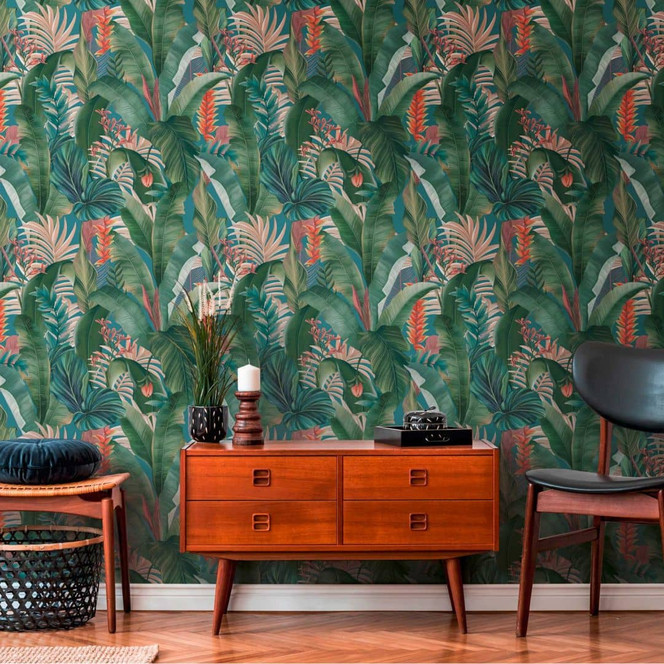 Tapete mit Palmenblättern Blau Grün - Florale Vliestapete Dschungel-Motiv