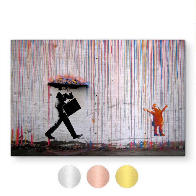 Alu-Dibond gebürstet mit Gold-, Silber- & Kupfereffekt - Coloured Rain - Banksy