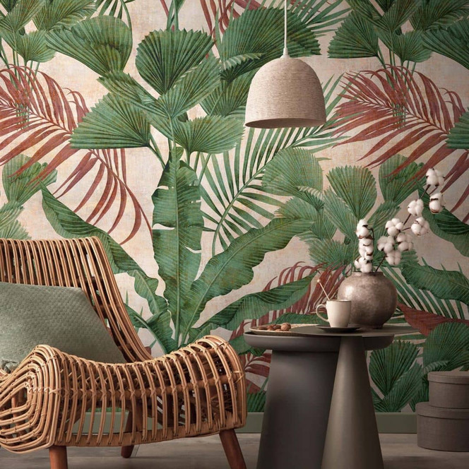 Fototapete Dschungel Grün Beige Rot Vlies Palmenblätter Vliestapete Küche