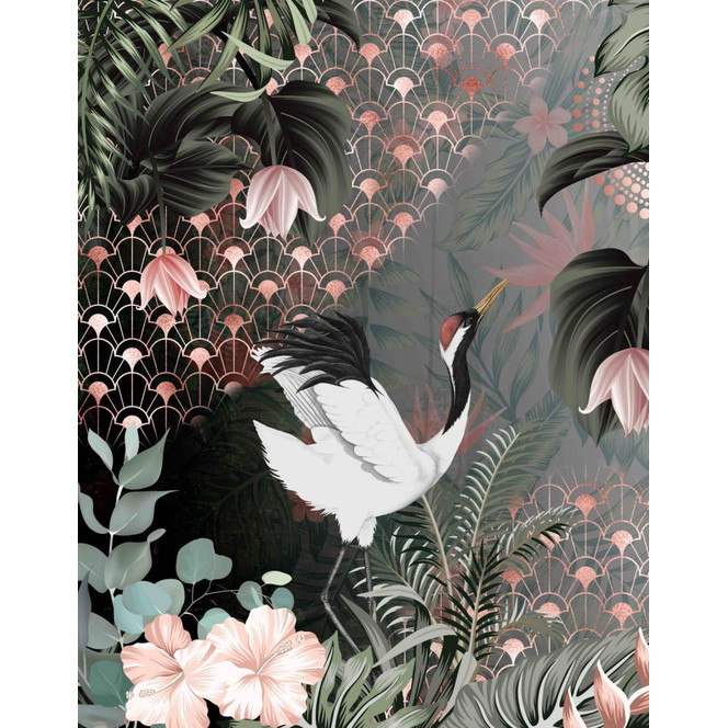 Fototapete Wandtapete mit Motiv Kranich mit Art Deco Muster und Blumen 2.7 x 2.12 m