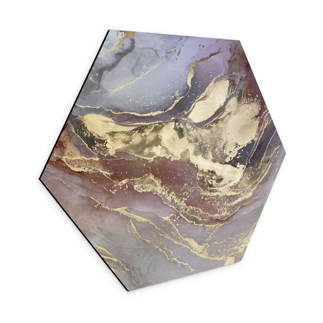 Hexagon Wandbild Edle Strukturen in Gold und Violett - Shelest - Alu-Dibond
