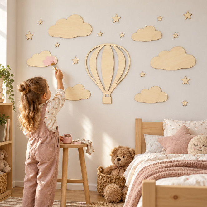 Kinderzimmer Wanddeko Heissluftballon mit Wolken und Sterne Set - Pappelholz