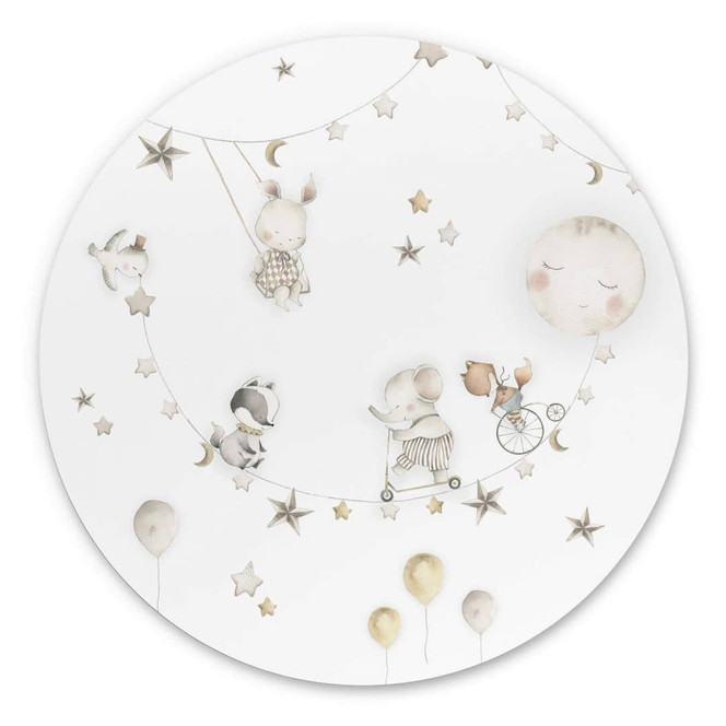 Rundes Wandbild Fröhliche Tiere mit Sternenhimmel - Oliver Robins - Alu-Dibond