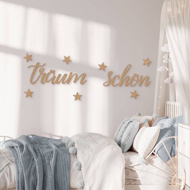 3D Schriftzug Träum Schön mit Sternen - MDF Natur