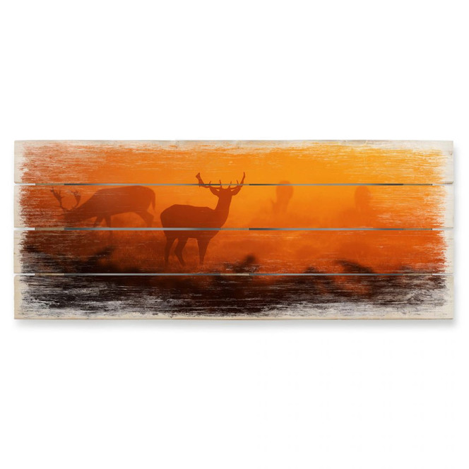 Holzbild Hirsche im Sonnenuntergang - 100 x 40 cm