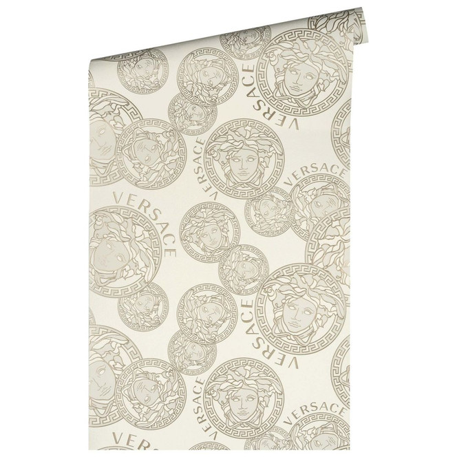 Versace Home Vliestapete Perlbeige Medusakopf Luxus Designer Tapete Weiss