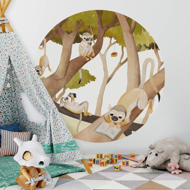 Fototapete Loske - Schlaue Äffchen - Rund - Selbstklebend/Vlies