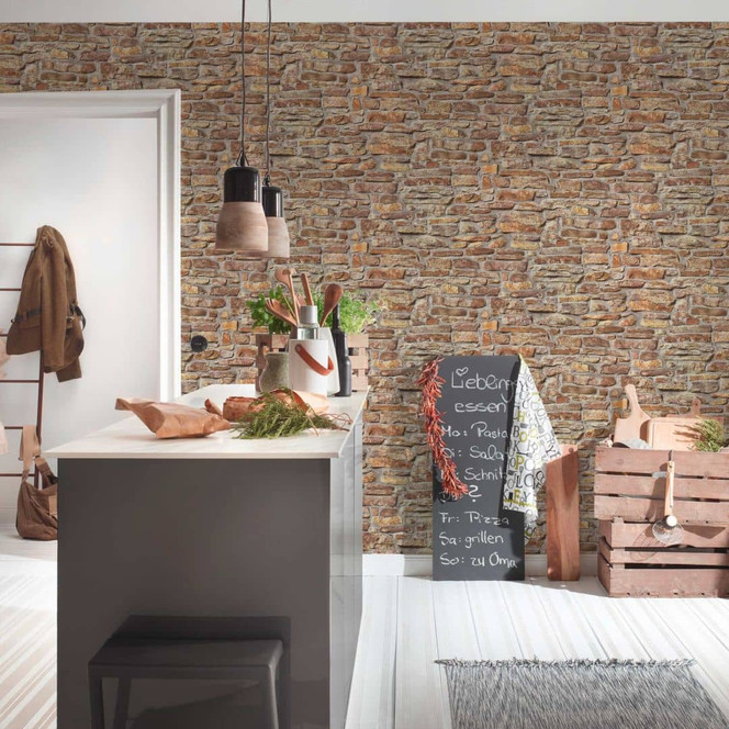 Natursteintapete Beige Gelb - Vliestapete Steinwand Braun - Industrial Tapete