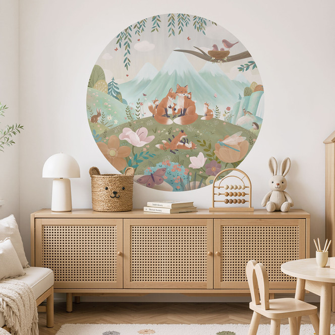 Wandtattoo Fuchs Familie auf der Blumenwiese - Oliver Robins - Rund