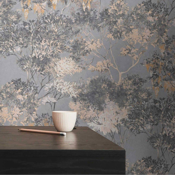 Florale Vliestapete mit Bäumen Grau Beige - Tapete im Aquarell-Look Weiss