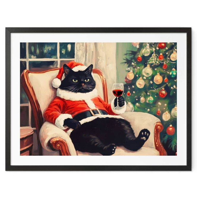 Humorvolles Poster Weihnachtskatze mit Wein - Melloi Art Prints