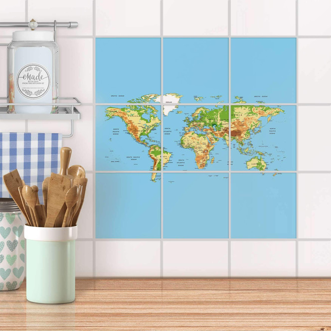 Klebefliesen - Geografische Weltkarte - 9er Set
