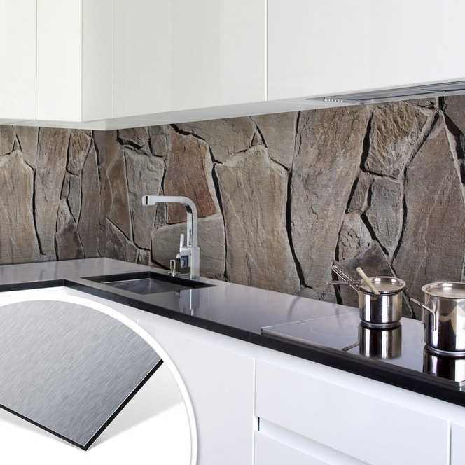 Küchenrückwand - Alu-Dibond-Silber - Mediterrane Mauer